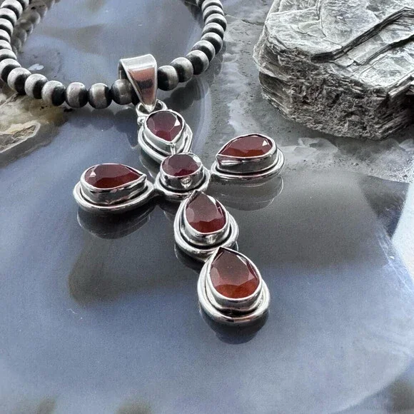 Sterling Silver Southwestern Style Carnelian Decorated Cross Pendant For Women - Picture 4 of 10